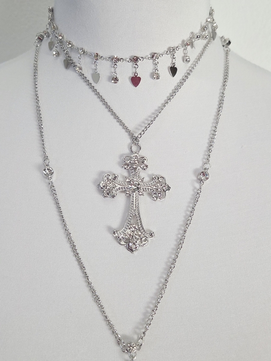 Silver Layered Cross Pendant Necklace - Picture 4 of 9